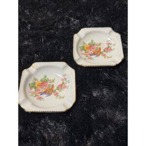 Vintage Bavaria Germany Square Porcelain Trinket Dishes Gold Trim & Floral Set 2